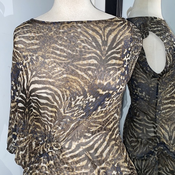 VINTAGE SHEER ONE SLEEVE SIDE-ROUCHING SEXY BATHING SUIT COVER 100% SILK - Picture 2 of 12